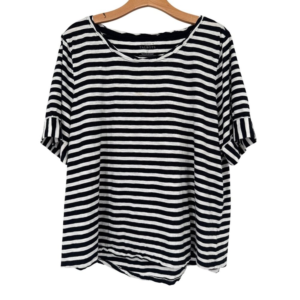 Talbots Womens tee top Black  Striped size 2X Plus Cotton Short Sleeve sparkle